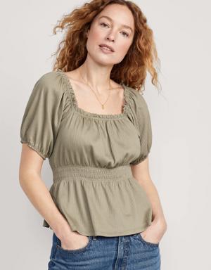 Puff-Sleeve Smocked Babydoll Blouse for Women green