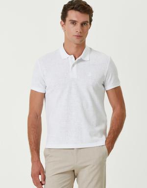 Slim Fit Beyaz Polo Yaka Dokulu T-shirt