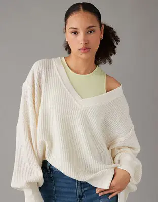 American Eagle Oversized Big Hug Waffle V-Neck Sweatshirt. 1