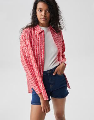 Kadın Relaxed Fit Baskılı Pembe Gömlek