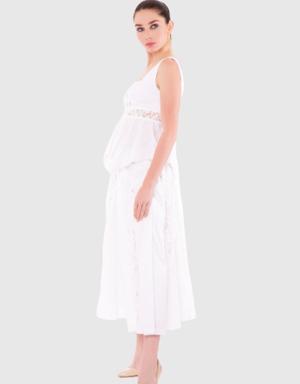 Lace Detailed Midi Length Ecru Skirt