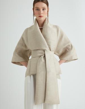 Bound Detailed Wide Sleeve Kimono Style Beige Jacket