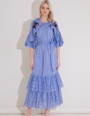 Embroidery Detailed Frilly Striped Voile Long Blue Dress