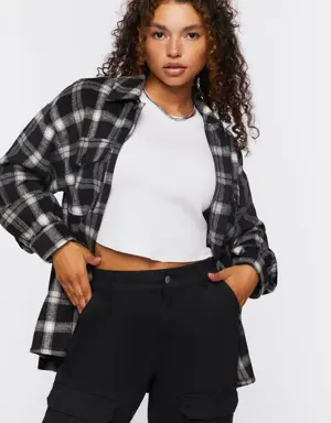 Forever 21 Plaid Button Up Shacket Black/Cream
