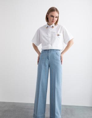 Denim Trousers With Contrasting Stitching Detail Waist Buckle Accessories