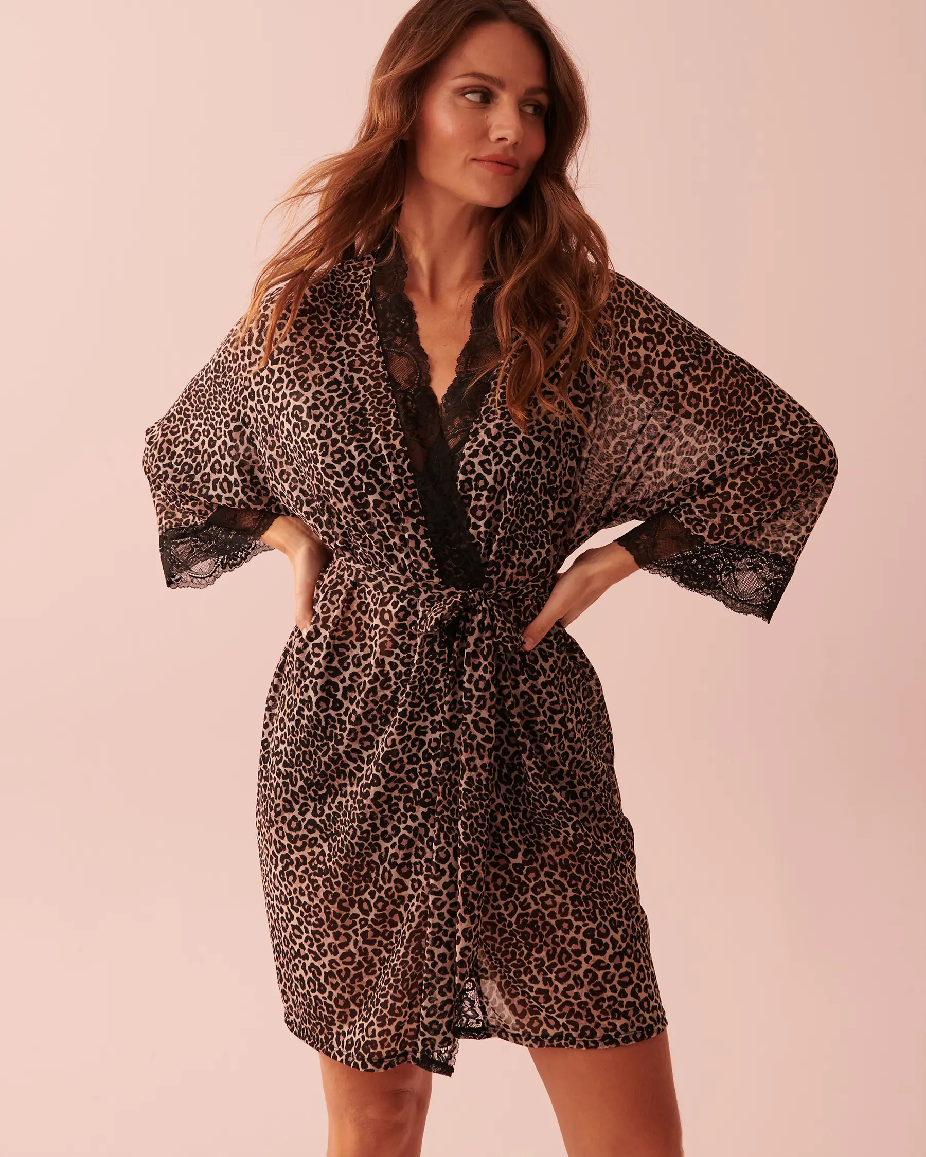 La Vie en Rose Leopard Print Lace Trim Mesh Kimono. 2