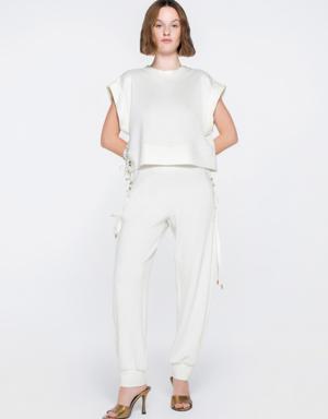 Ecru Tracksuit With Gold Glitter Rope Buttonhole And Cord Detail