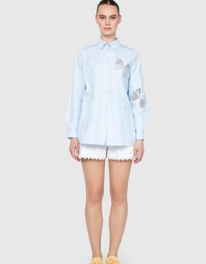 Transparent Embroidery Detailed Blue Shirt