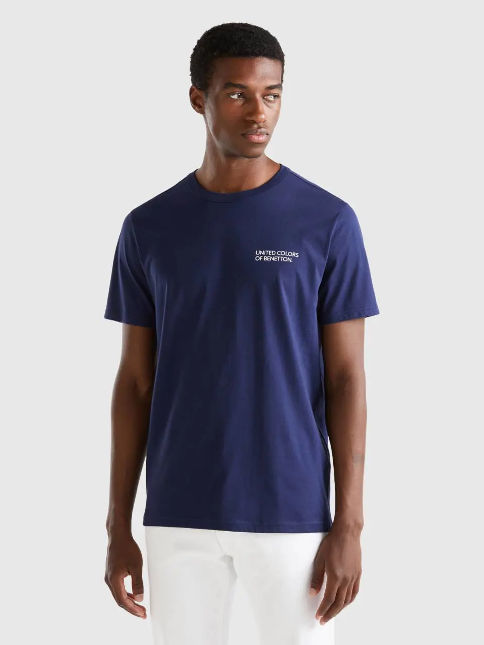 Benetton dark blue t-shirt in organic cotton with logo print. 1