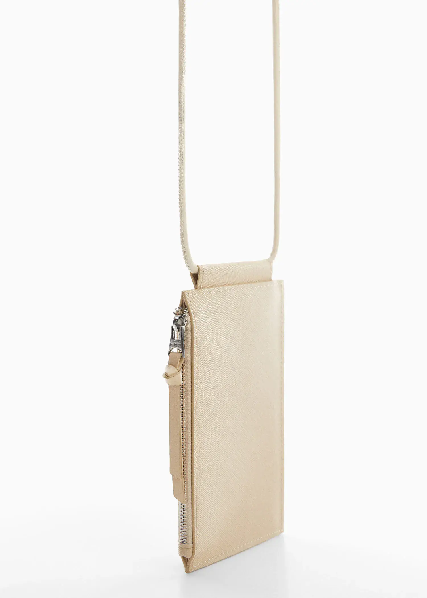 Mango Saffiano-effect mobile case. a beige purse is hanging on a white wall. 