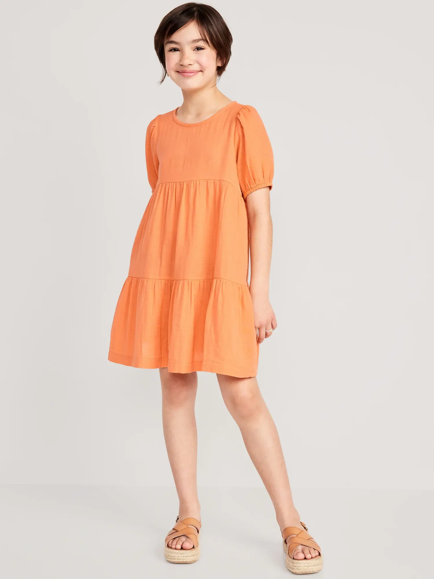 Old Navy - Puff-Sleeve Double-Weave Swing Dress for Girls orange