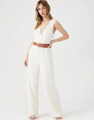 Forever 21 Belted Wide Leg Jumpsuit Ivory