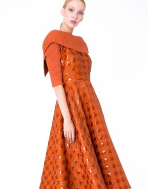Knitwear Detailed Jacquard Fabric Orange Flared Dress