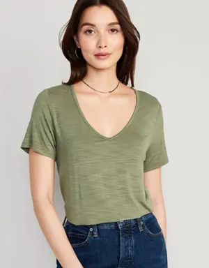 Luxe V-Neck Slub-Knit T-Shirt for Women brown