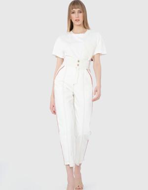 Accessory And Stripe Detailed Contrast Fabric Mom White Jean