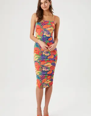 Forever 21 Tropical Print Bodycon Midi Dress Pink/Multi