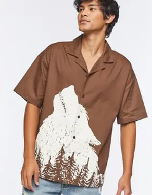 Forever 21 Twill Wolf Graphic Button Front Shirt Brown/Cream