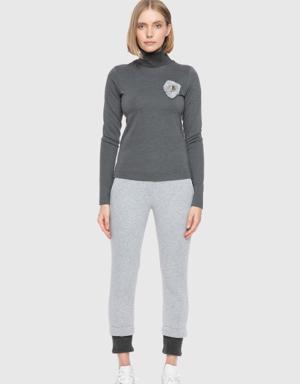 Knitwear Turtleneck Detailed Embroidered Gray Top