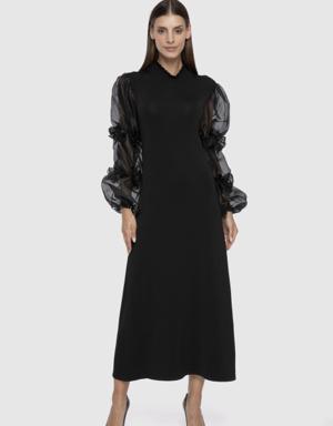 Black Knitwear Dress With Balloon Sleeves Beaded Embroidered Turtleneck