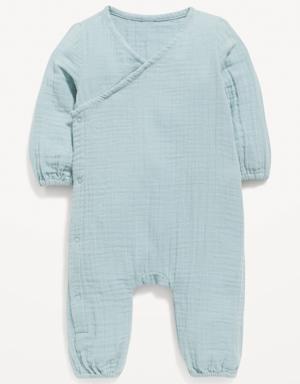 Old Navy Unisex Long-Sleeve Double-Weave Wrap-Front One-Piece for Baby blue
