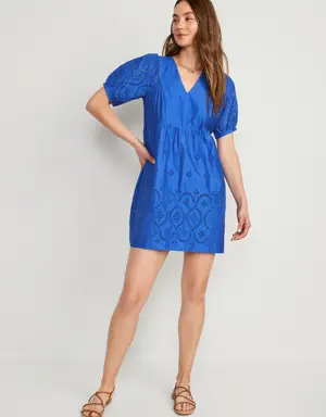 V-Neck Eyelet Mini Dress for Women blue