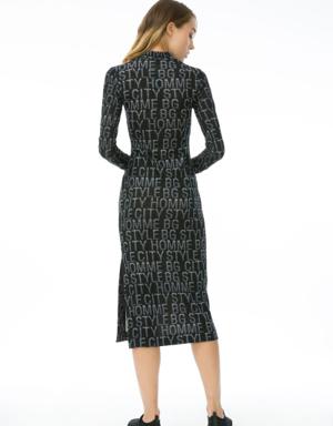 Letter Patterned Zipper Detailed Knitted Midi Black Dress