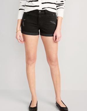 Mid-Rise Black-Wash Ripped Boyfriend Jean Shorts for Women -- 3-inch inseam black