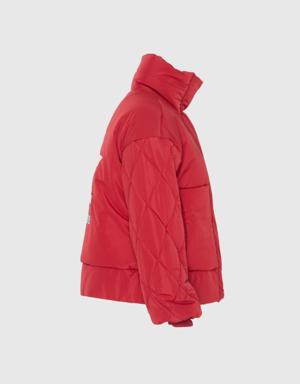 With Embroidered Back Knitwear Tape Short Red Inflatable Coat