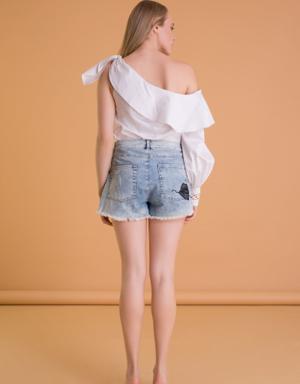 Ankle Lace Detailed One Shoulder White Poplin Blouse
