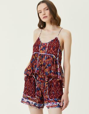 Bordo İnce Askılı Desenli Mini Tulum
