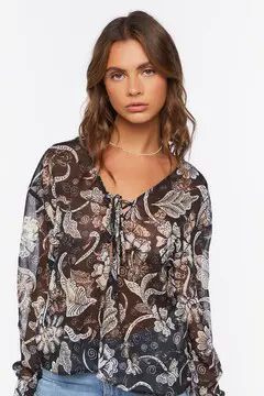 Forever 21 Forever 21 Chiffon Floral Print Lace Up Top Black/Ivory. 2