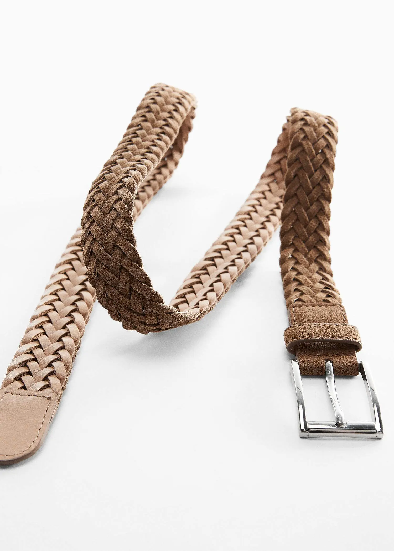 Mango Braided suede belt. a close-up of a brown braided leather belt. 