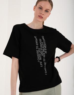 Siyah Dikey Yazı Baskılı O Yaka Kadın Oversize T-Shirt - 97138