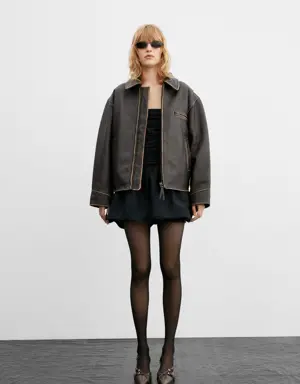 Oversized worn-effect leather jacket