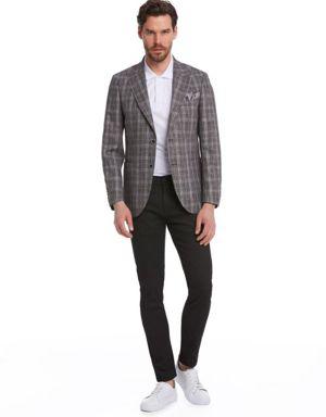 Kahverengi Slim Fit Kareli Keten Ceket