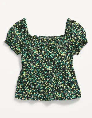 Printed Short Puff-Sleeve Smocked Top for Girls black