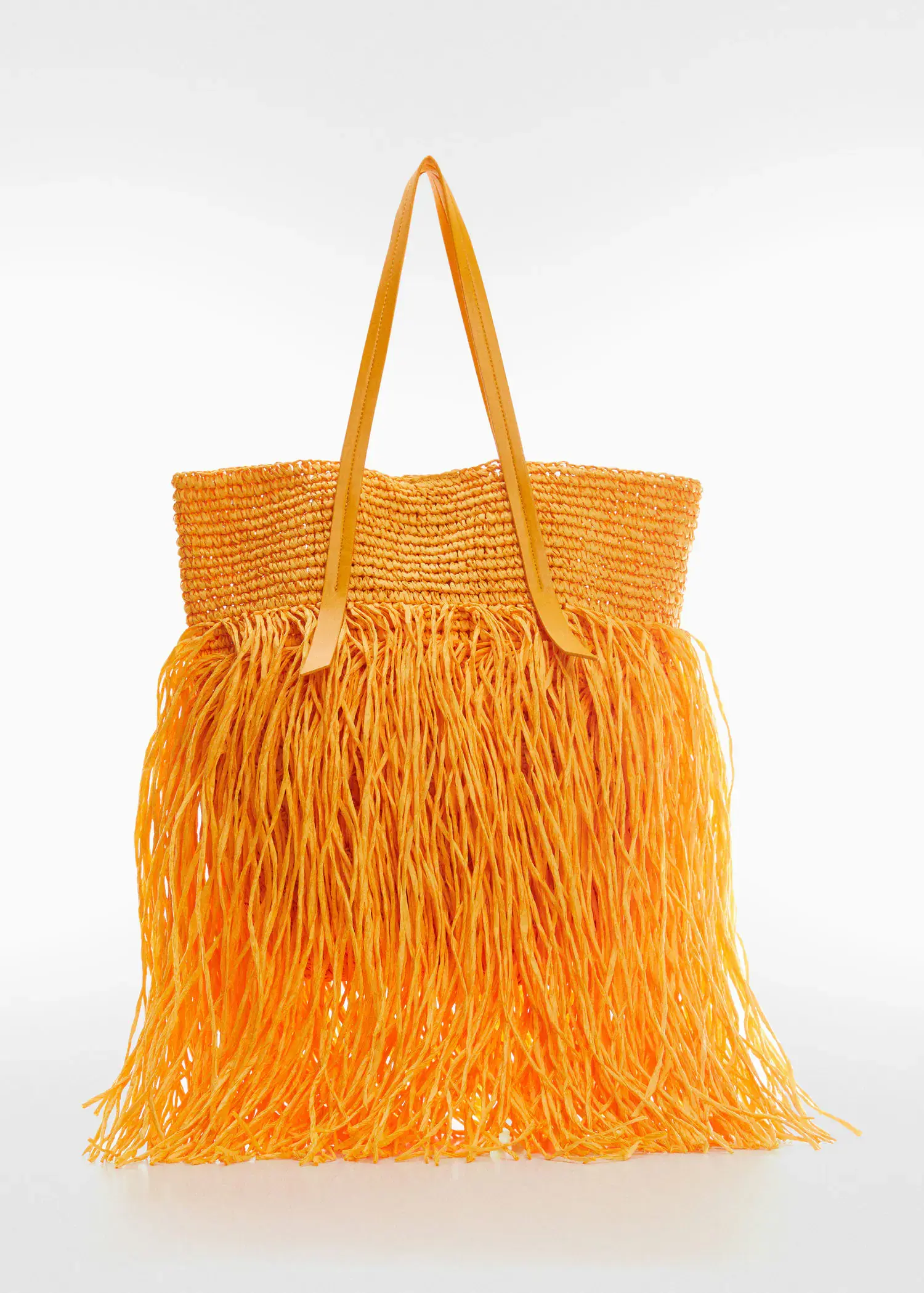 Mango Maxi fringed natural fibre bag. a yellow bag with a fringes on the bottom. 