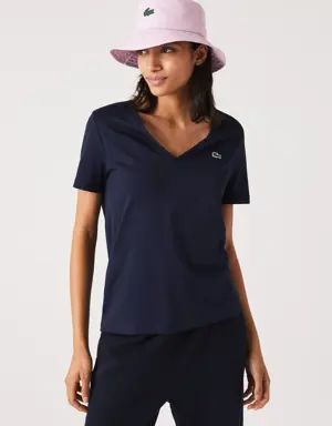 Lacoste Playera de algodón holgada con cuello en V para mujer