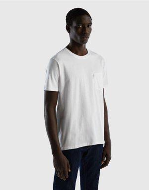 Erkek Beyaz %100 Koton Cepli T Shirt