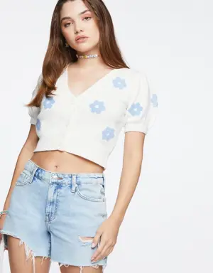 Forever 21 Floral Cropped Cardigan Sweater Cream/Blue