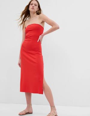 Modern Strapless Split-Hem Midi Dress red