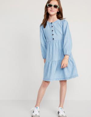 Long-Sleeve Button-Front Tiered Swing Dress for Girls blue