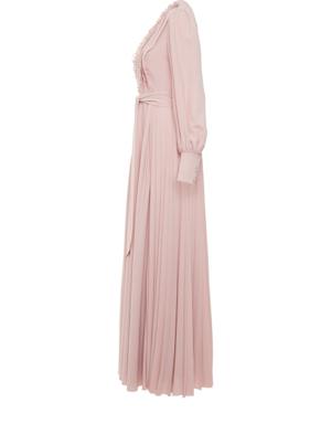 Embroidered Pleated Pink Dress With Collar Detail