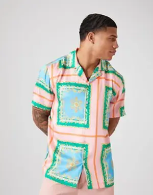 Forever 21 Baroque Print Short Sleeve Shirt Aqua/Multi