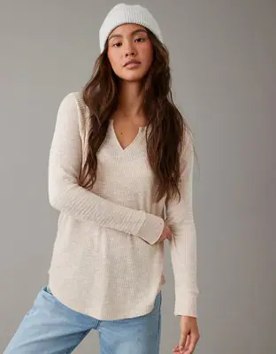 American Eagle Long-Sleeve Waffle Plush Tee. 1