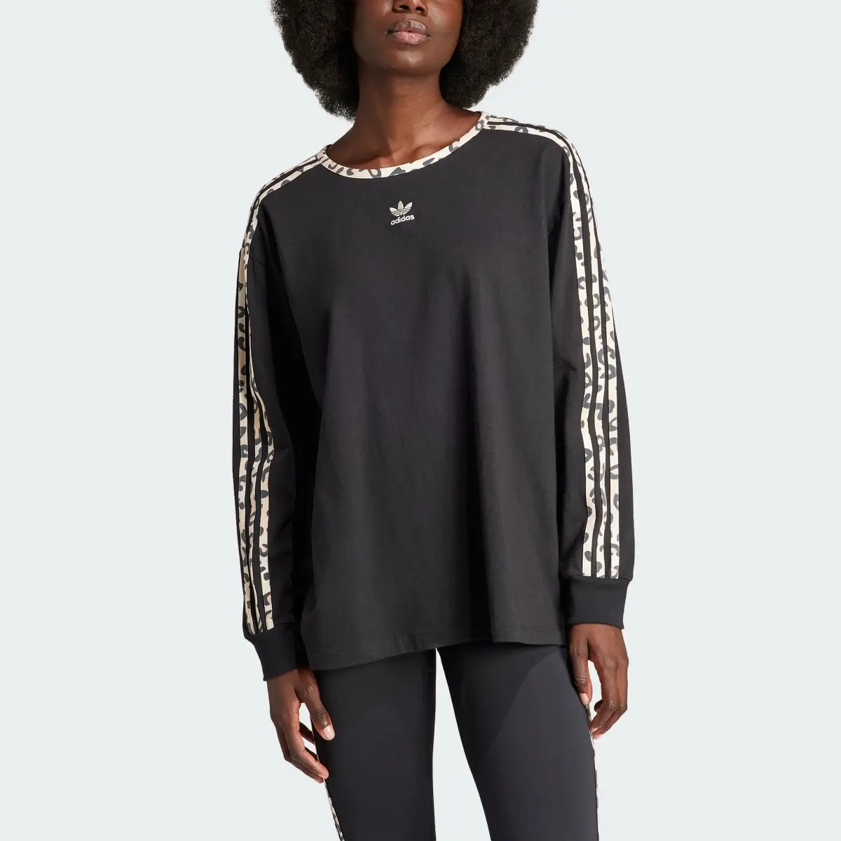 Adidas Originals Leopard Luxe 3-Stripes Long Sleeve T-Shirt. 1