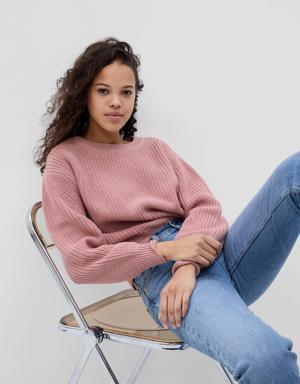 Shaker-Stitch Crewneck Sweater pink