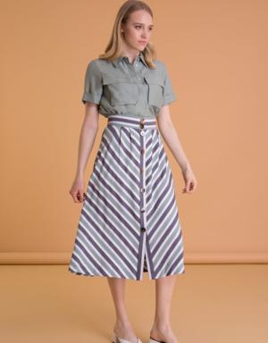 Line Patterned Front Buttoned Bias Green Skirt