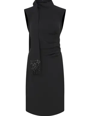 Sequin Detail Tie Collar Black Sheath Dress - 2 / Black