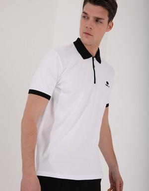 Beyaz Yarım Fermuarlı Standart Kalıp Polo Yaka Erkek T-Shirt - 87961